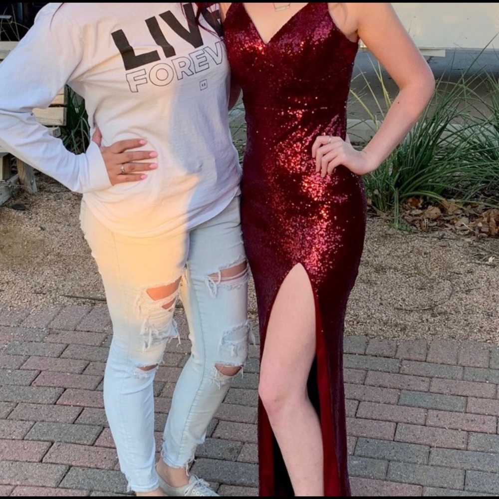 Red sequined prom dress